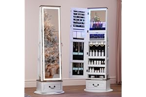 SKKTKT LED Full Length Mirror with Jewelry Storage, Lighted Mirror Jewelry Cabinet Standing, 360°Swivel Jewelry Armoire with Large Wooden Drawer for Christmas Gifts (Farmhouse White)