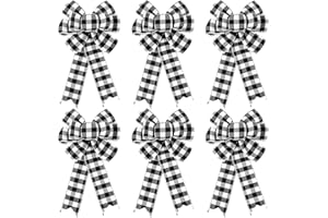 SYHOOD 6 Counts Buffalo Plaid Bow Halloween Thanksgiving Christmas Wreath Bow 10 Inch Fall Bow for Christmas Tree Crafts DIY Bow Decoration (Black and White)
