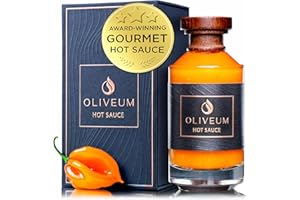Oliveum Hot Sauce - Gourmet Medium Spice Organic Habanero Peppers. Unique Spicy Salsa Flavor For BBQ, Mexican, Asian, Steak, Chili, Tacos, Buffalo, Wings, Pizza. Experience Fancy Luxury Craft Hand Made Small Batch Best and Hottest Gift Idea For Men in a Bottle
