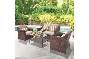SOLAURA Patio Furniture Outdoor Conversation Set All Weather Wicker 4-Piece Sectional Sofa with Tempered Glass Coffee Table - Brown