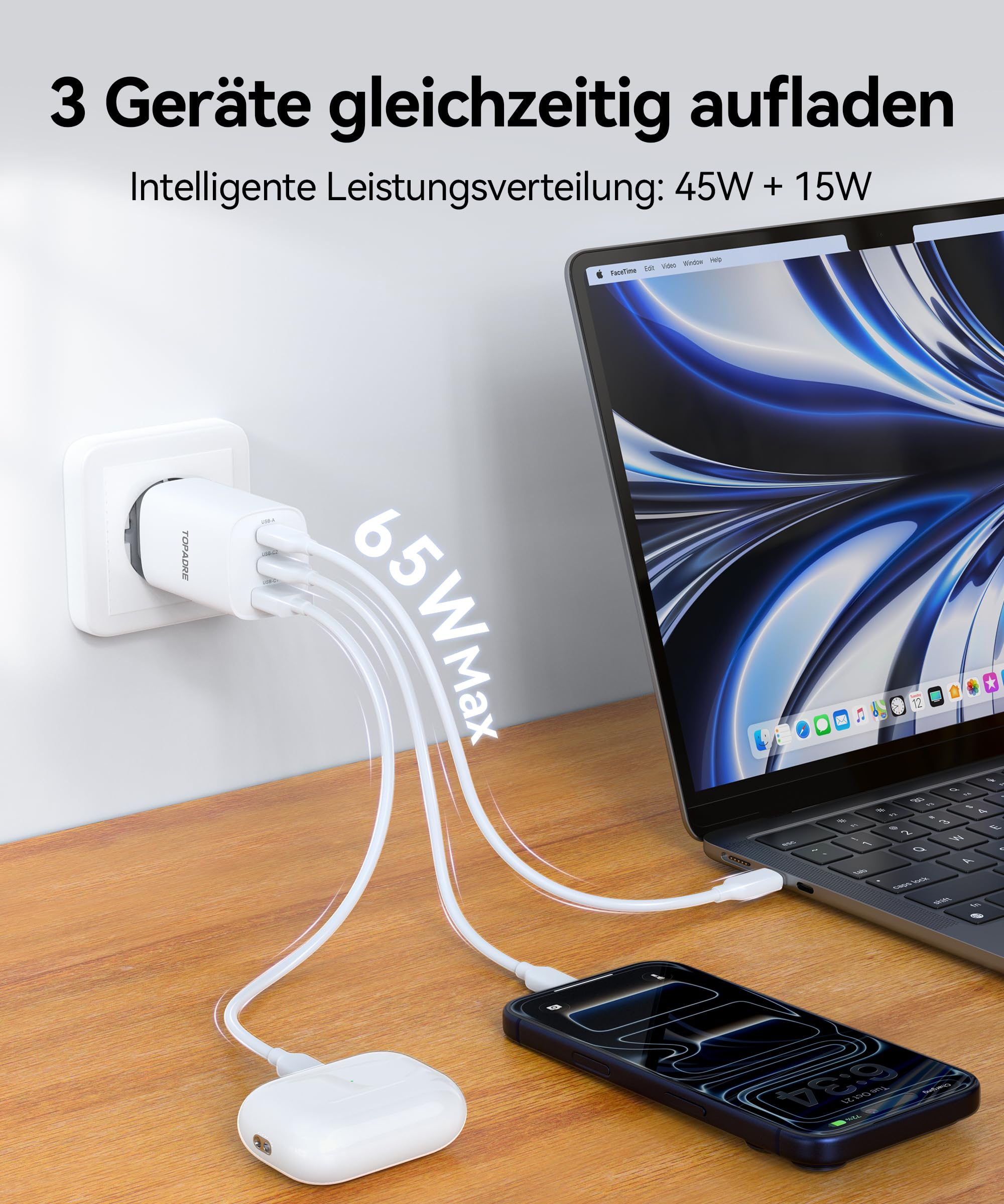 TOPADRE 65W USB C Ladegerät 3-Port Schuko Stecker CEE 7/7 für MacBook 4