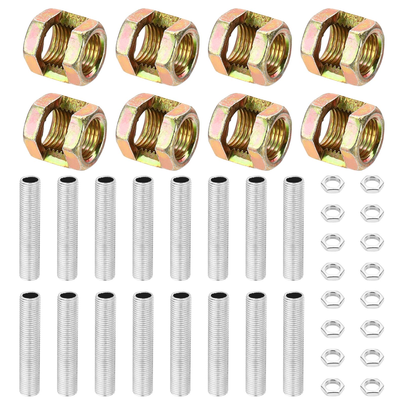 PATIKIL M10 Fine Thread Lamp Pipe Repair Parts Kits, 40 Pcs M10×15 Metal Hexagon Open Coupling Nut with Threaded Pipe and Hex Nut for Lights Extension Rod