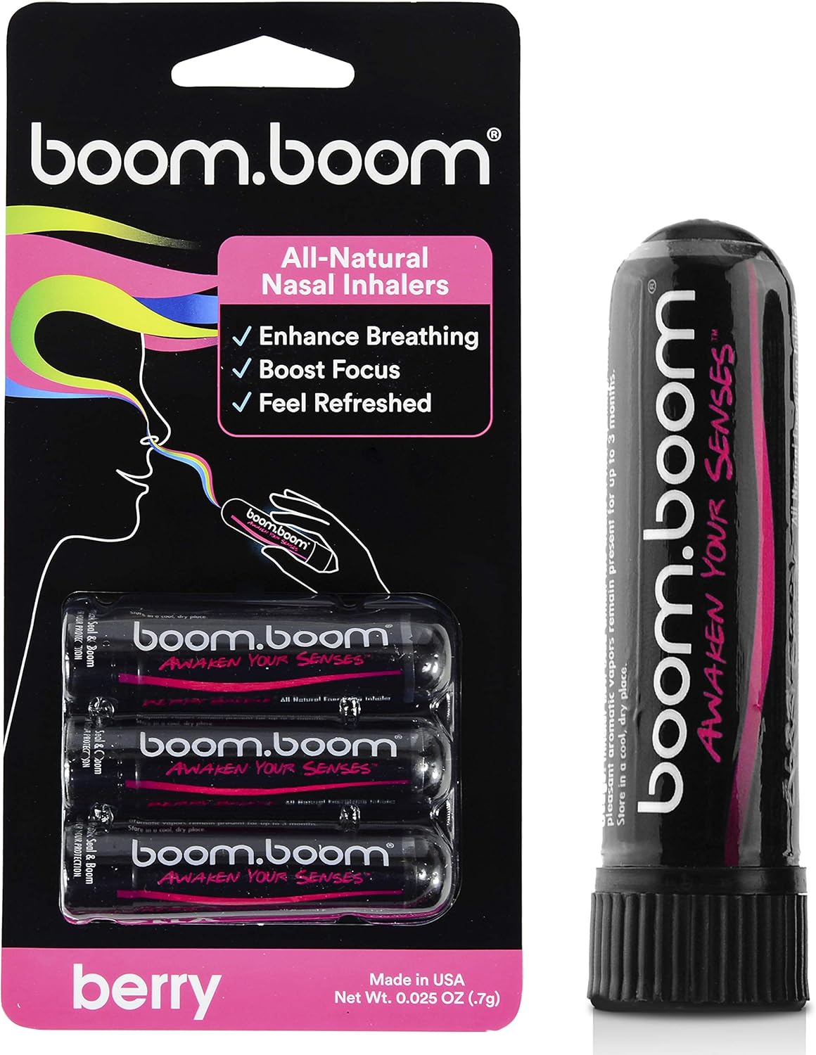 Aromatherapy Nasal Inhaler (3 Pack) by BoomBoom | Boosts Focus + Enhances Breathing | Provides Fresh Cooling Sensation | Made with Essential Oils + Menthol (Berry)