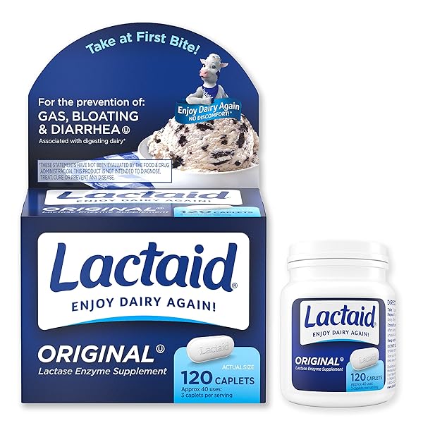 LACTAID ORIGINAL STRENGTH LACTOSE INTOLERANCE CAPLETS, 9000 FCC LACTASE ENZYME CAPLETS, HELPS PRE-VENT GAS, BLOATING & DIARRHEA DUE TO LACTOSE SENSITIVITY IN ADULTS & KIDS AGES 4+, 120 COUNT