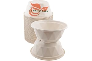 25 oz Compostable Bagasse Bowls 50 Pack – Extra Thick Biodegradable | Eco-Friendly, PFAS-Free, Microwave & Freezer Safe Dispo