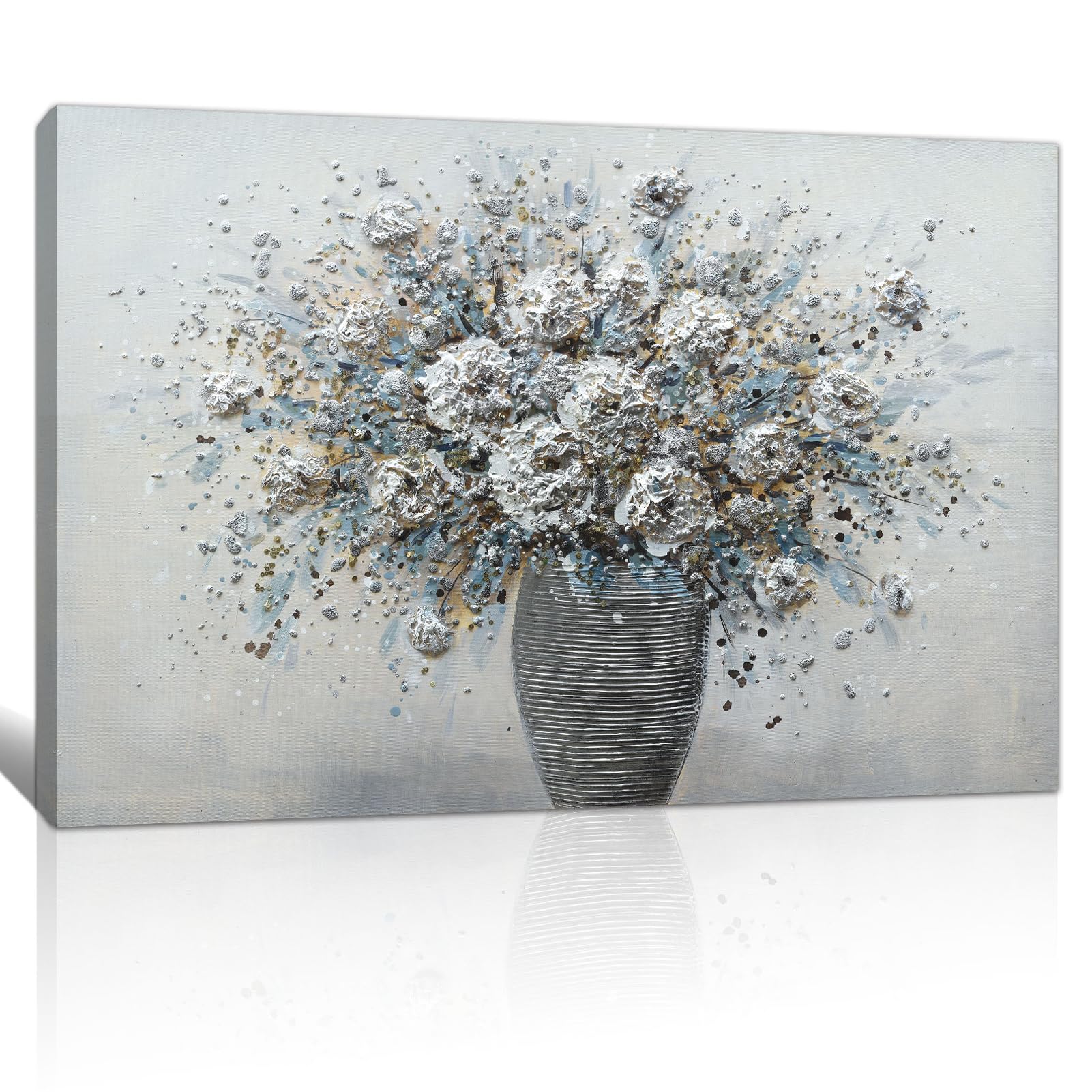 FajerminArt Retro Blue Grey Blooming Flowers in Vase Framed Canvas Wall Art, Rustic Retro Pictures Printed Poster Painting on Canvas Wall Decor for Bedroom Living Room Bathroom Ready to Hang 40×60CM