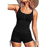 Daci Tankini Swimsuits for Women - Two Piece Tummy Control Swimsuits Ribbed Tankini Top with Shorts Button Bathing Suits