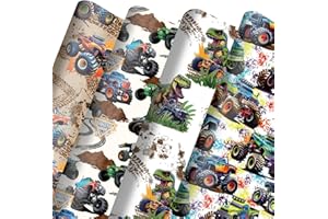 Dtiafu Monster Truck Wrapping Paper for Boys Kids - Racing Car Gift Wrap Paper Bulk Folded Flat for Birthday Baby Shower Holiday - Cartoon Dinosaur in Pickup,Monster Truck Designs Gift Wrapping -