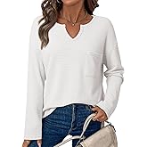 Dokotoo Womens Tops Waffle Knit Long Sleeve Notched V Neck Shirts Casual Trendy Solid Color Loose Blouses