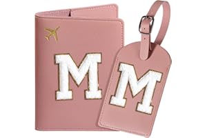 ROKOXIN Passport Cover Case and Luggage Tag Set for Women Girls, Passport Book Holder with Personalized Chenille Letter Patch, Slim Travel Wallet Bag Suitcase Identifier, Pink, M