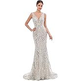 Ikerenwedding Women's V-Neck Sequins Sleeveless Lace-up Mermaid Evening Dress Silver US10