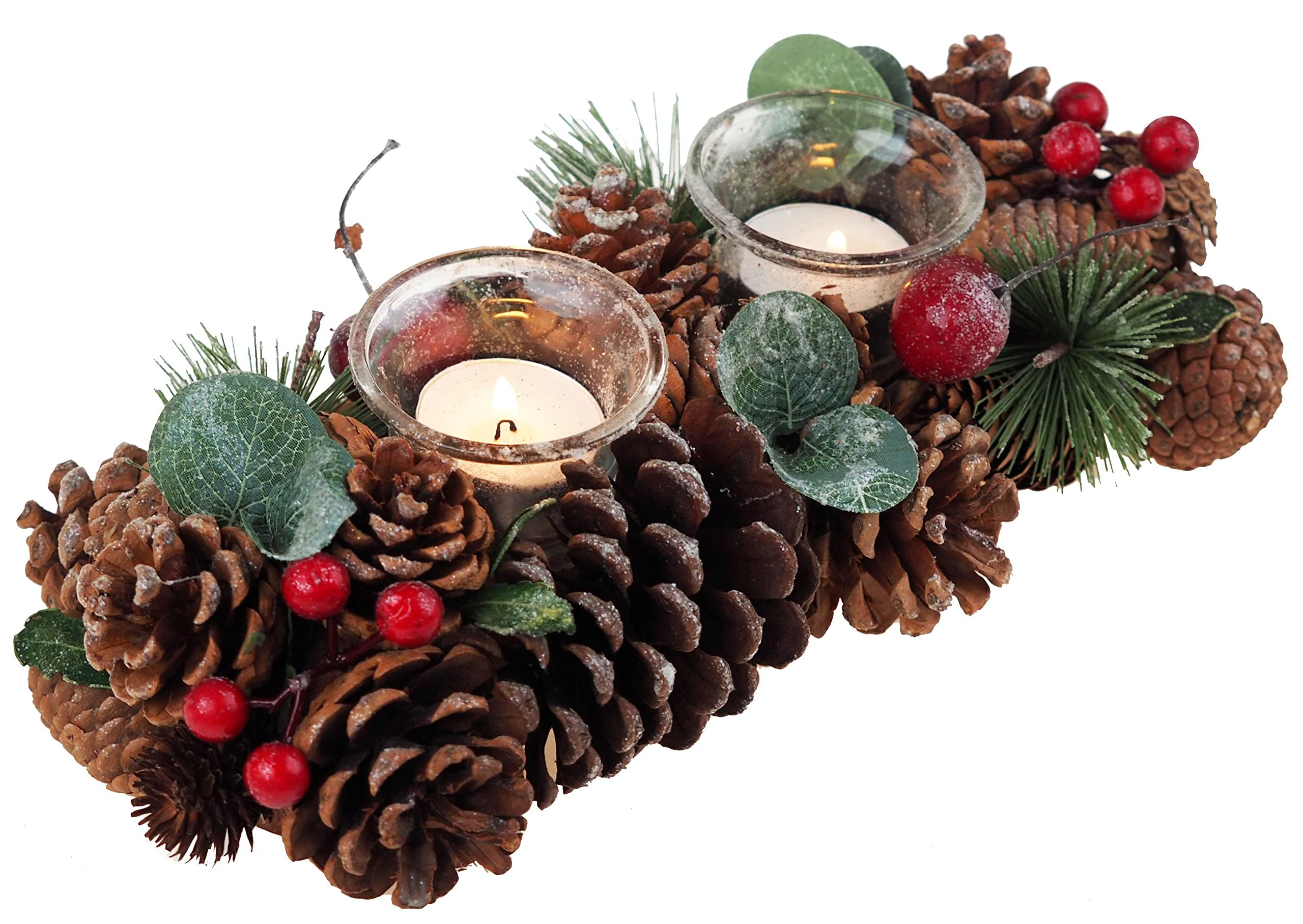 SiL Interiors Christmas Table Centrepiece Double Tealight Candle Holder - Pine Cone Berry