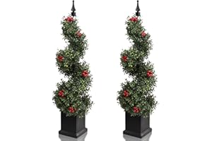 Damomo Outdoor Artificial Topiary Boxwood Tree, 3ft Fake Topiaries Spiral Trees 2 Packs, Faux Shrubs Green Plants Potted with Red-Fruits for Decor Indoor Porch or Garden（35inch）