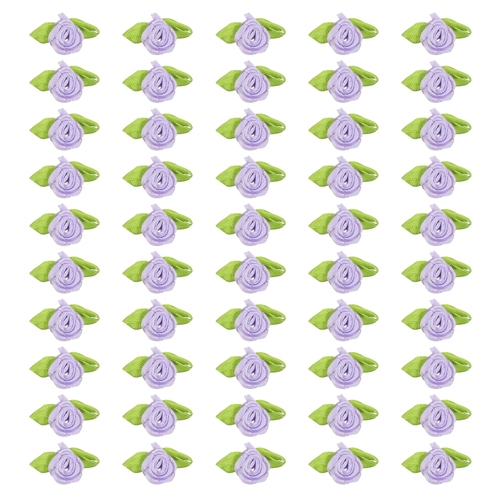 PATIKIL 15mm Tiny Satin Ribbon Rose, 50 Pcs Fabric Flowers Embellishments Rosettes Applique with Green Leaves for DIY Crafts Wedding Decor, Purple