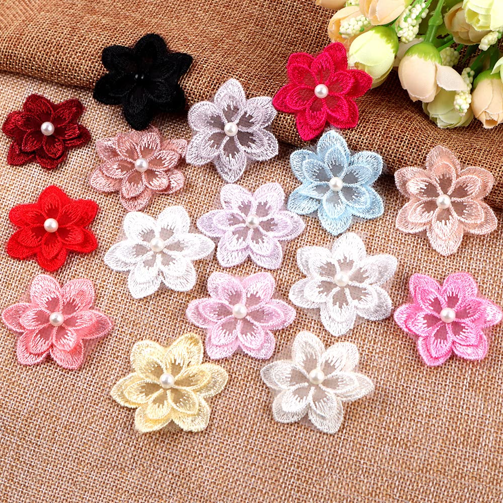 Pack of 24 Lace Organza Embroidery Beads Flowers Applique Patches Stickers Appliqué Patches for Sew-On Embroidered Crafts and Decorating on Clothes Curtain Table Cloth Bags Scarf