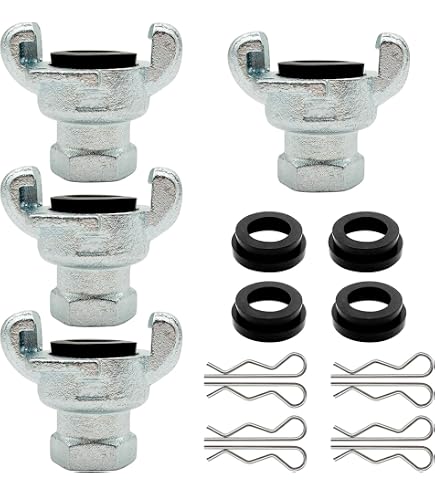 1/2 Inch NPT Iron Air Hose Fittings Set - 4 Chicago Couplings With Safety Clips & Gaskets, Carbon Steel
