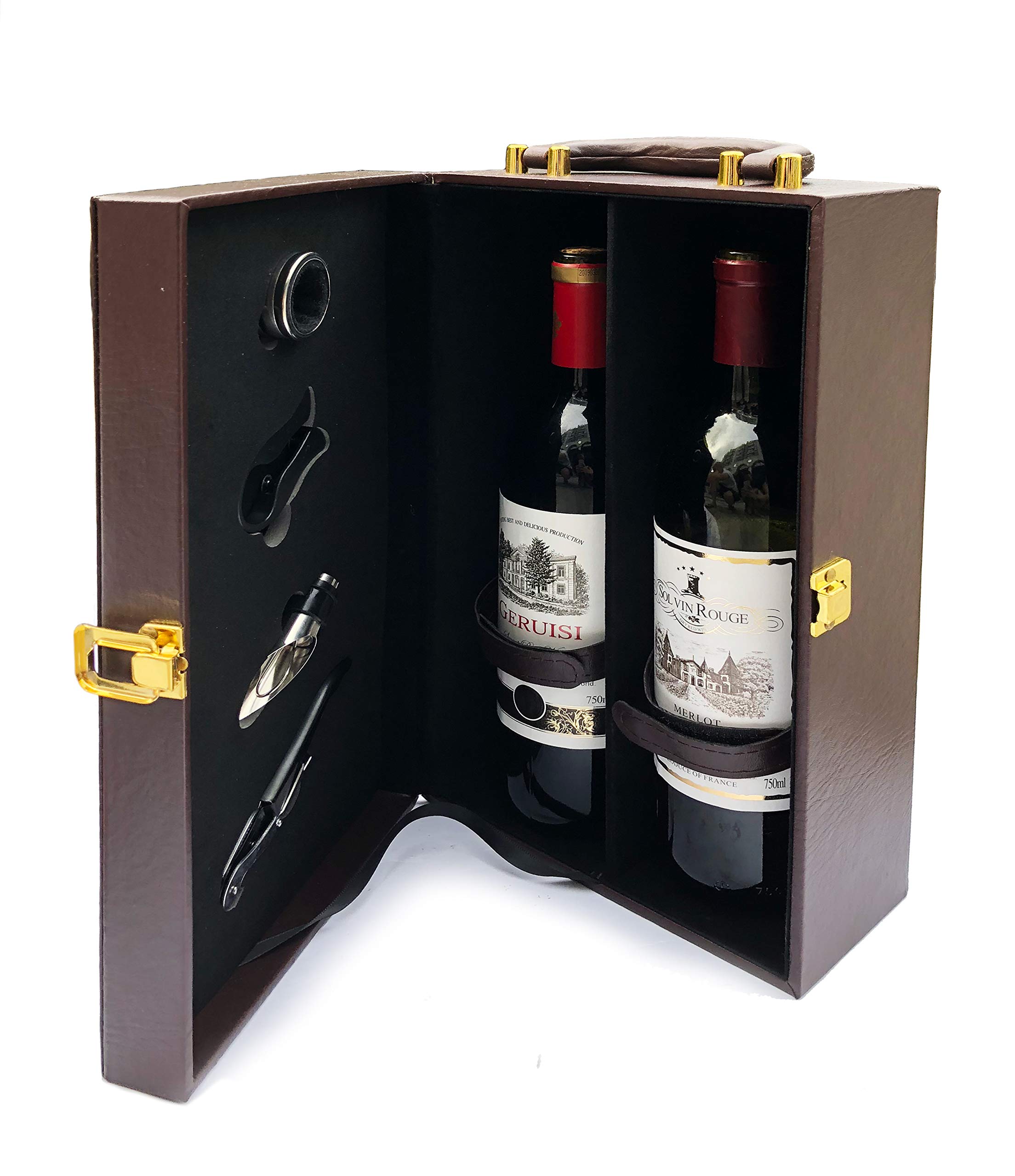 ASC Elegant 2 Bottle Wine Box with Tools - Leather Bound with Carry handle - Cork Screw, Pourer, Foil Cutter, Napkin/Drip Ring (Wine not included)