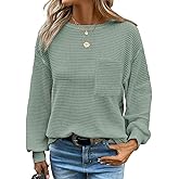 Dokotoo Womens Waffle Knit Tops 2026 Oversized Long Sleeve Crewneck Shirts Business Casual Blouses Basic Shirts