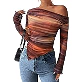 PRETTYGARDEN Womens Fall Trendy Off Shoulder Y2k Tops 2026 Tie Dye Mesh Long Sleeve Shirts Asymmetrical Ruched Floral Blouse