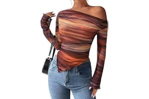 PRETTYGARDEN Womens Fall Trendy Off Shoulder Y2k Tops 2025 Tie Dye Mesh Long Sleeve Shirts Asymmetrical Ruched Floral Blouse