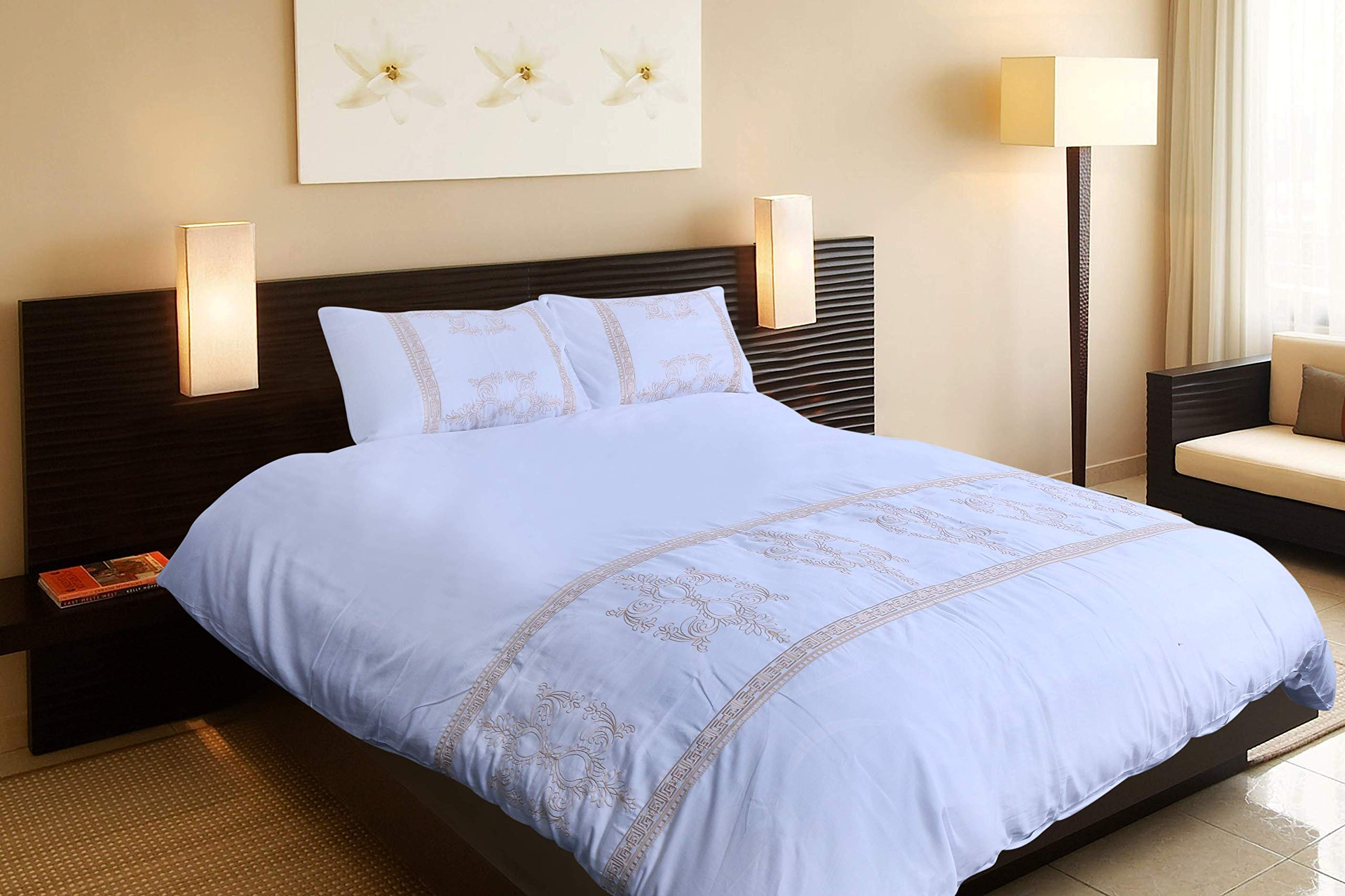 FL Flaxlinen Organic 400 Thread Count bedding & linen 100% Egyptian cotton duvet cover set quilt, cotton bedding premium set with 2 pillowcases (PRISCILLA, White/Gold, Double)