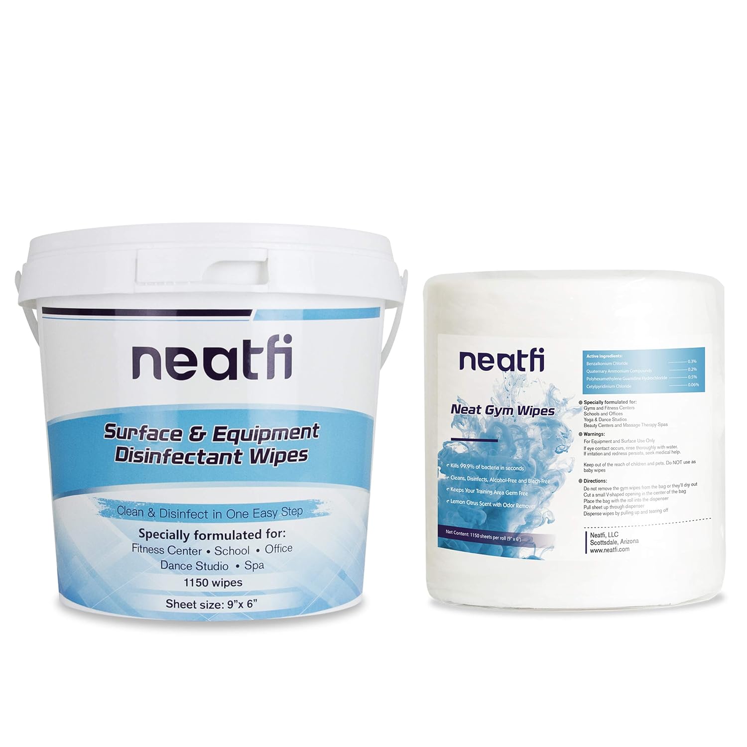 Neatfi Antibacterial Surface And Gym Equipment Disinfecting Wipes 1150 Wipes With Reusable Wipe Bucket Dispenser