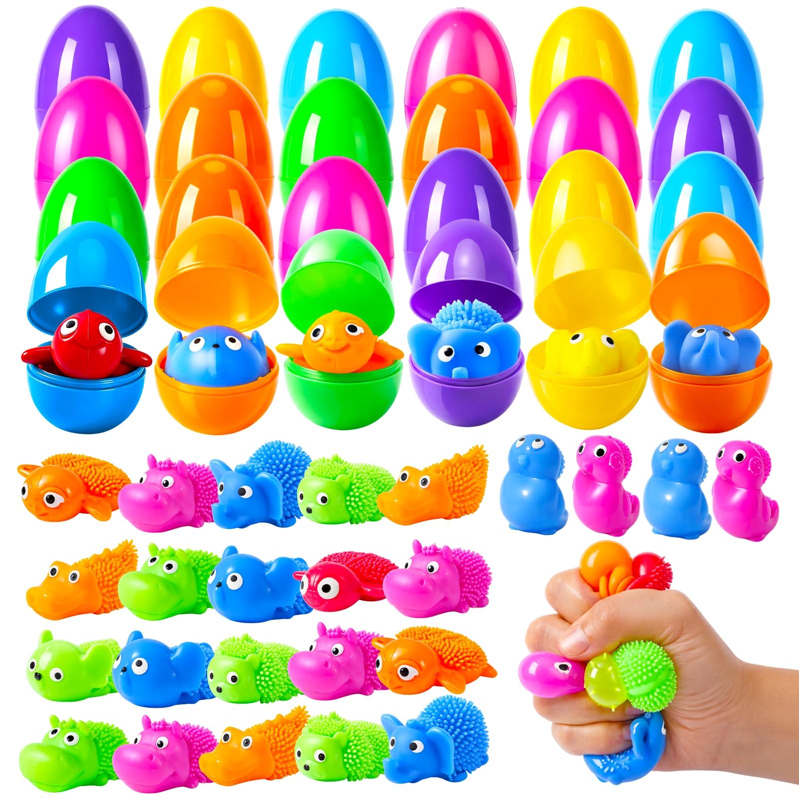 Photo 1 of 24Pack Easter Prefilled Eggs with Squishy Toys Inside Bright Plastic Easter Eggs Filled Cute Stress Reliever Squishy Toy for Easter Basket Stuffers Animal Easter Egg Filler Classroom Prize Supplies