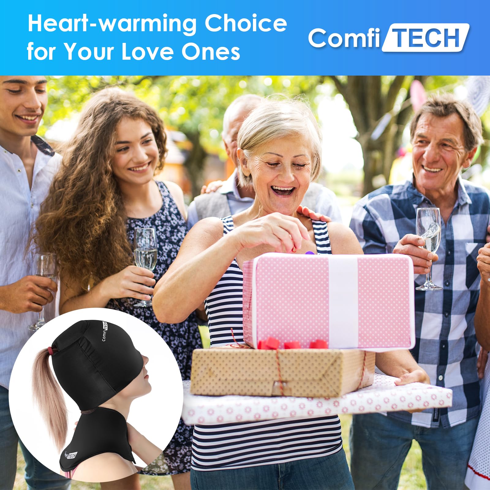 ComfiTECH Cold Cap and Neck Ice Pack Wrap Gel Combo, Care Package for Head and Cervical, Medium