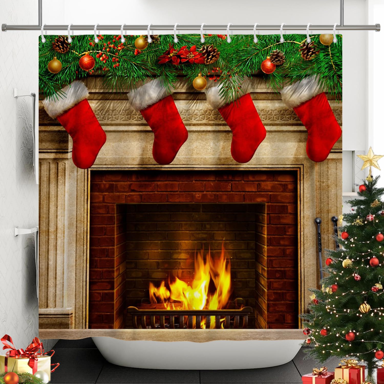 SDOTPMT 180x180cm Christmas Fireplace Shower Curtain Merry Red Socks Pine Tree Leaf Bath Curtain Vintage Brick Winter Bathtub Curtain for Bathroom Decor Fabric Polyester with Hooks
