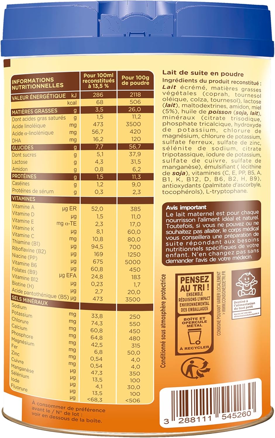 Lemiel Lait 2eme Age En Poudre De 6 A 12 Mois 800g Fabrique En France Amazon Fr Epicerie