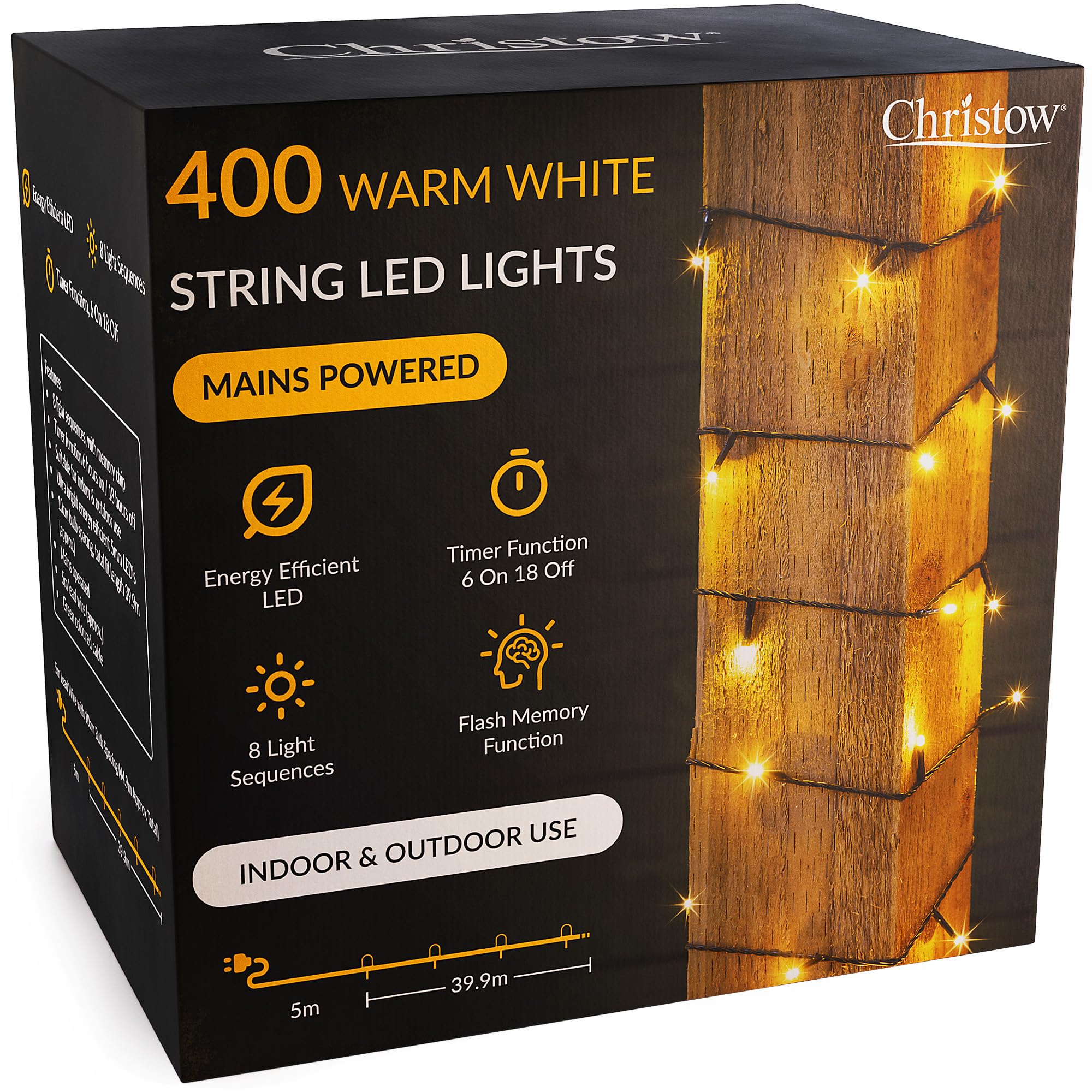 CHRISTOW Christmas Fairy Lights, Warm White LED String Lighting with Timer, Indoor & Outdoor, Tree Lights, Mains Operated, 8 Light Modes Flashing & Static, Green Cable (400 LED / 40m Lit Length)