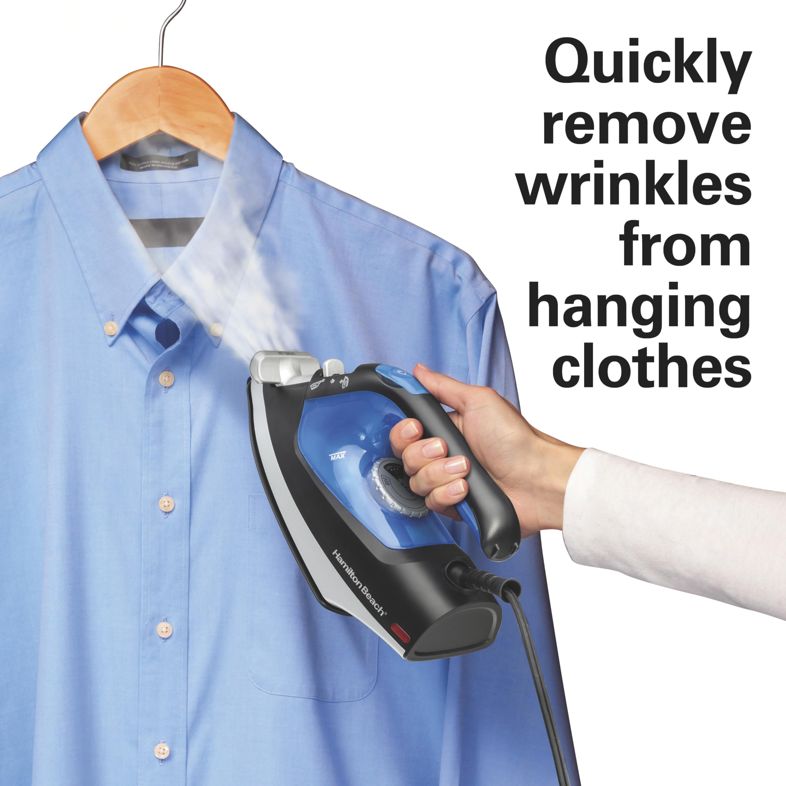 Hamilton Beach 2-in-1 Steam Iron for Clothes and Garment Steamer with 5 Temperature Settings, Nonstick Soleplate, 1200 Watts, 8’ Cord, Black & Blue (14525F)