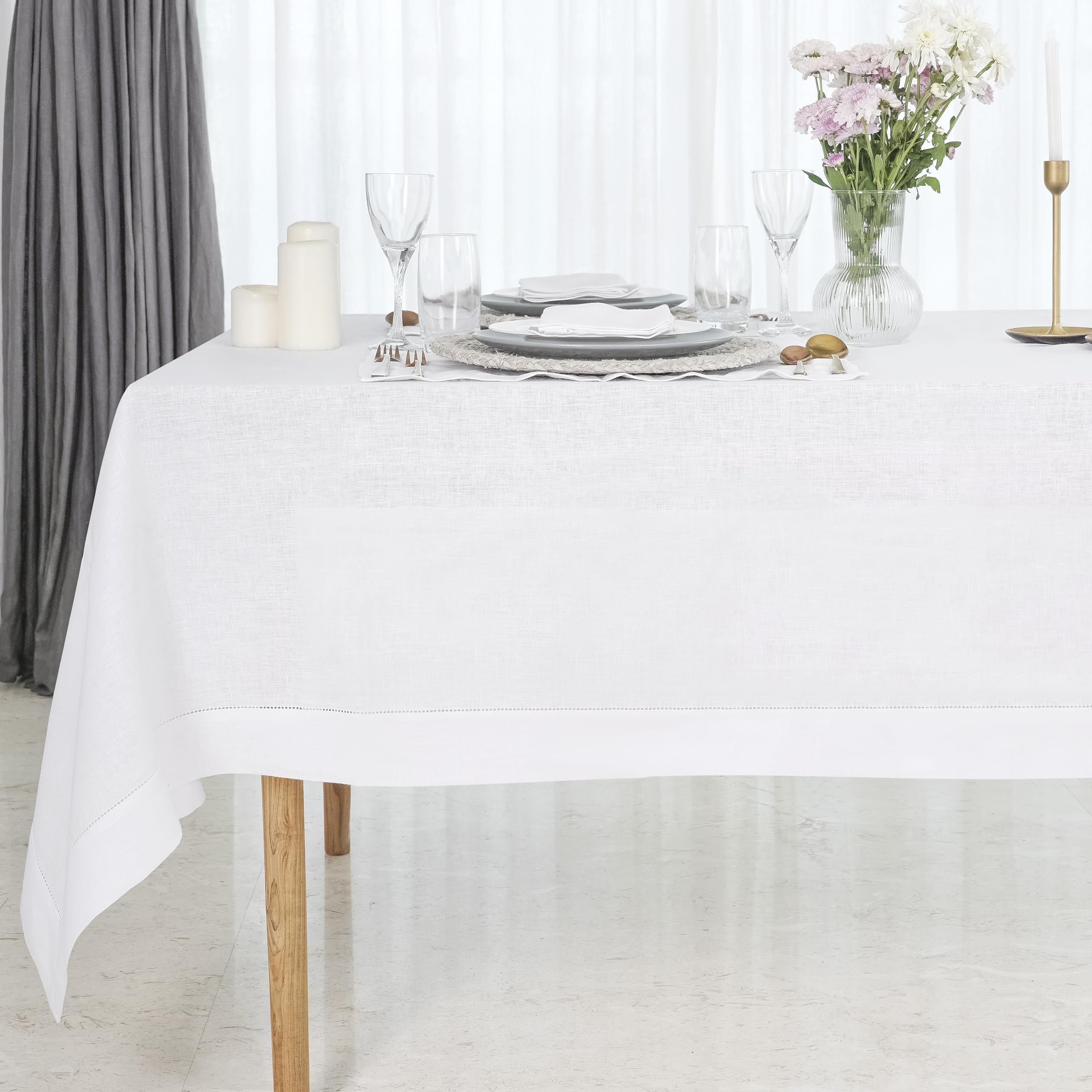 D'Moksha Homes White Linen Tablecloth 152 x 274 cm - 100% Pure Linen White Table Cloth for Rectangle Tables - Classic Hemstitch, Machine Washable Tablecloth for Dining, Spring