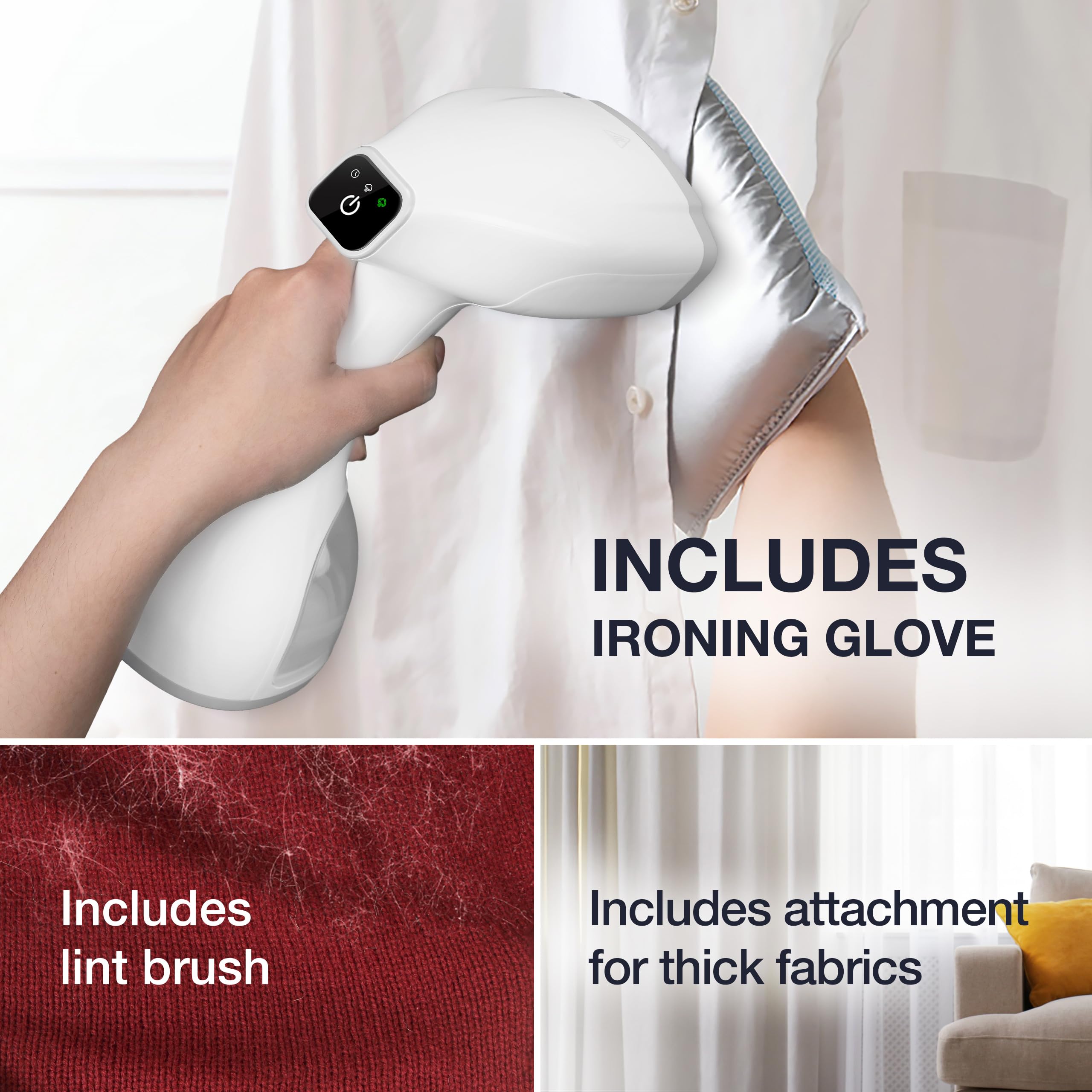 LEBENLANG Portable steamer for clothes - 1500W & 10 oz incl. ironing glove & attachments I Clothing steamer handheld I Travel garment steamers Plancha a vapor para ropa Planchas de vaporizador Fabric