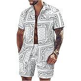 WDIRARA Men's 2 Piece Set Paisley Print Button Down Shirt Shorts Outfits Vacation Set