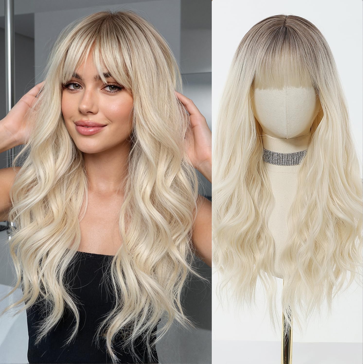 Esmee 26 Inches Long Blonde Wig with Bangs Natural Synthetic Hair Ombre Blonde Wavy Wig with Dark Roots for Women Daily Party Cosplay Wear