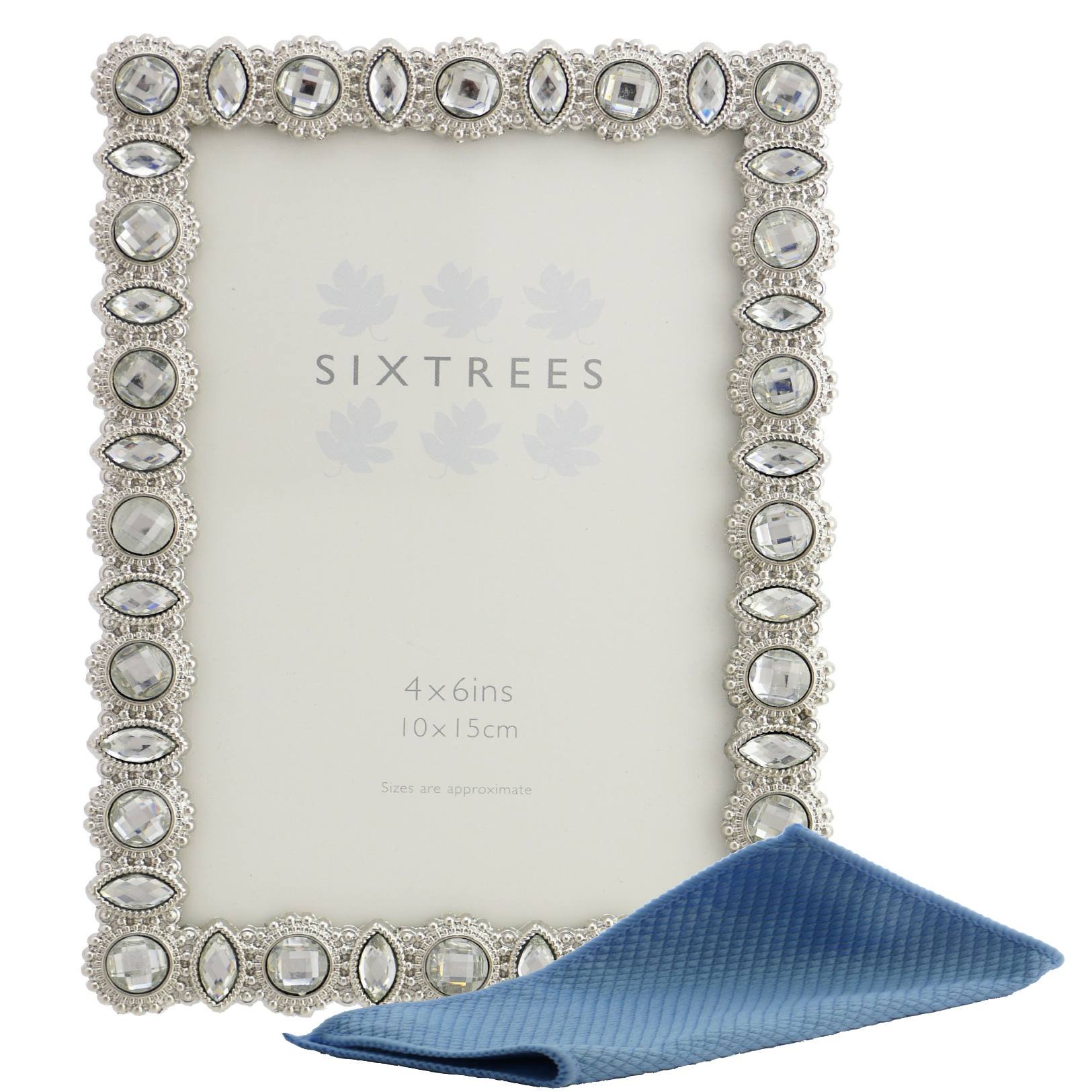 Sixtrees Antique Vintage/Shabby Chic Silver Metal Photo Frame with Pearls and Crystals with Microfiber Cloth, Metal, Silver, 6" x 4" Maria
