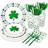 FYSUIMU 168Pcs St. Patrick's Day Tableware Set Foil Green Shamrock Disposable Dinnerware with Lucky Clover Design Plates Napkins Cups Plastic Knives Forks and Spoons for St Patrick's Day Party Supply