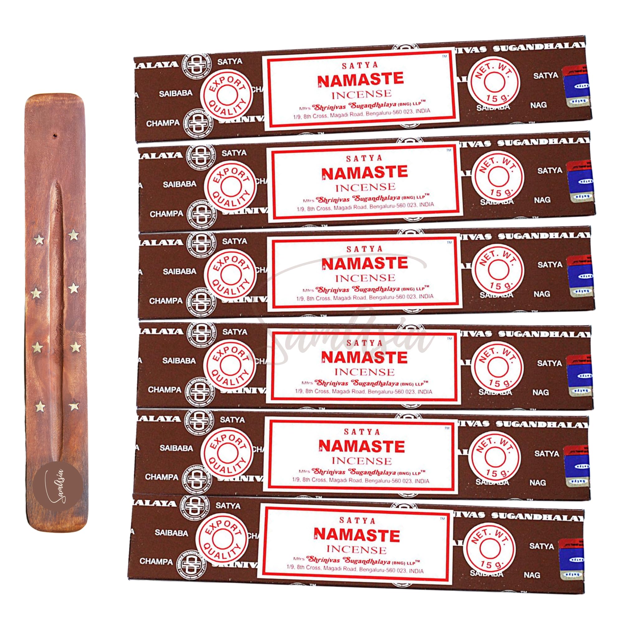 Satya Nag Champa Namaste Incense Sticks | x6 pack | with SAMASIA incense sticks holder | Used for Aromatherapy, Spa, Yoga, Weddings, Meditation, Healing, Positivity and Relaxation