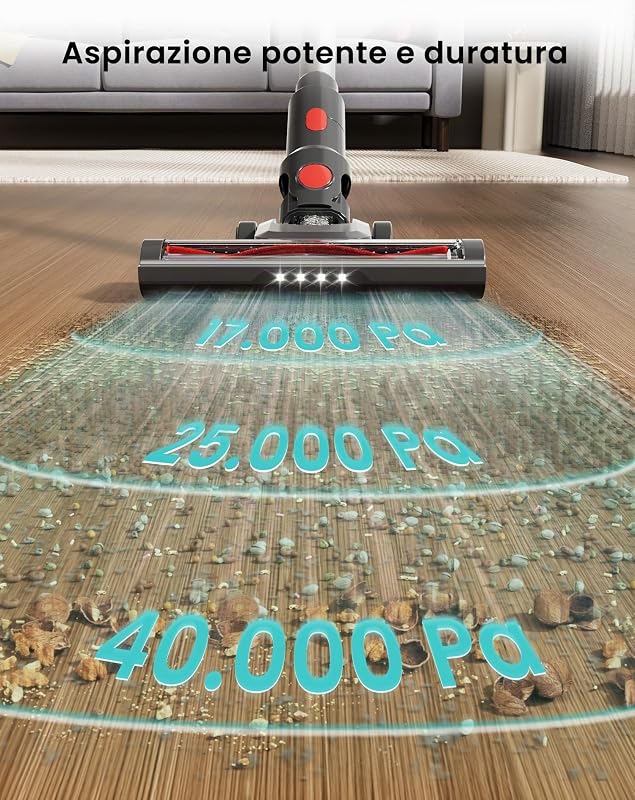 V1 Aspirapolvere Senza Fili 40000Pa, Scopa Elettrica con LED Touch