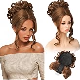 REECHO Messy Bun Hair Piece with Bangs - 2-in-1 Hair Bun Hairpieces Curly Updo Wig &amp; Hair Topper with Long Side Bangs Natural-Looking Drawstring Ponytail Extension for Women - Auburn Brown