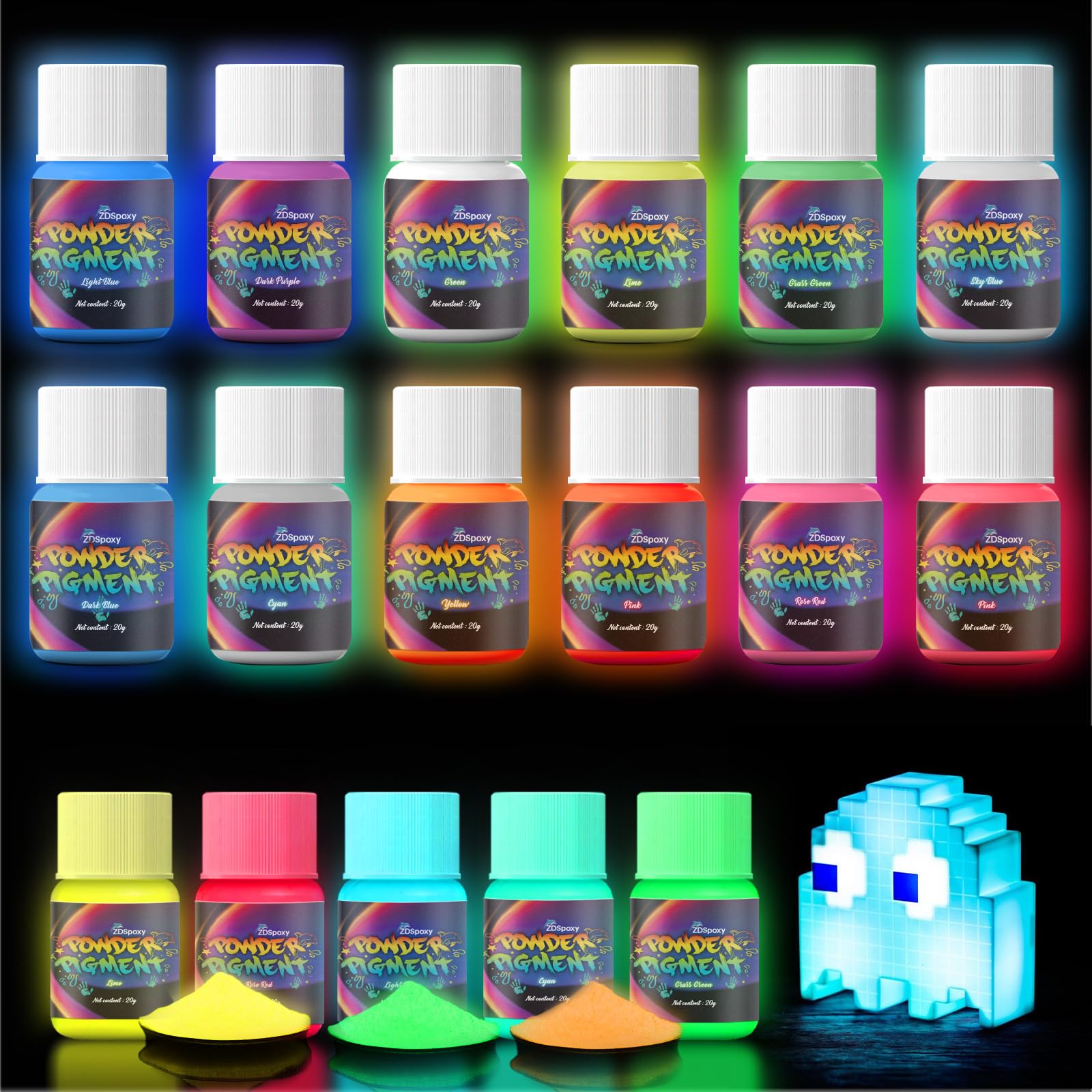 Zdspoxy Glow in The Dark Pigment Powder, 12 Colors Luminous Powder Set for Epoxy Resin, Fine Arts, DIY Crafts, Nail Art, Halloween, Party - 20g Each, 240g Total, Safe and Long Lasting
