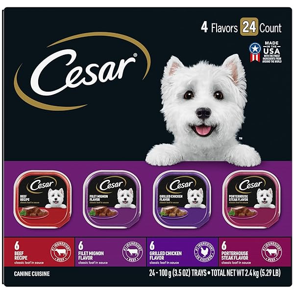 CESAR ADULT WET DOG FOOD CLASSIC LOAF IN SAUCE BEEF RECIPE, FILET MIGNON, GRILLED CHICKEN AND PORTERHOUSE STEAK VARIETY PACK, 3.5 OZ. EASY PEEL TRAYS (PACK OF 24)