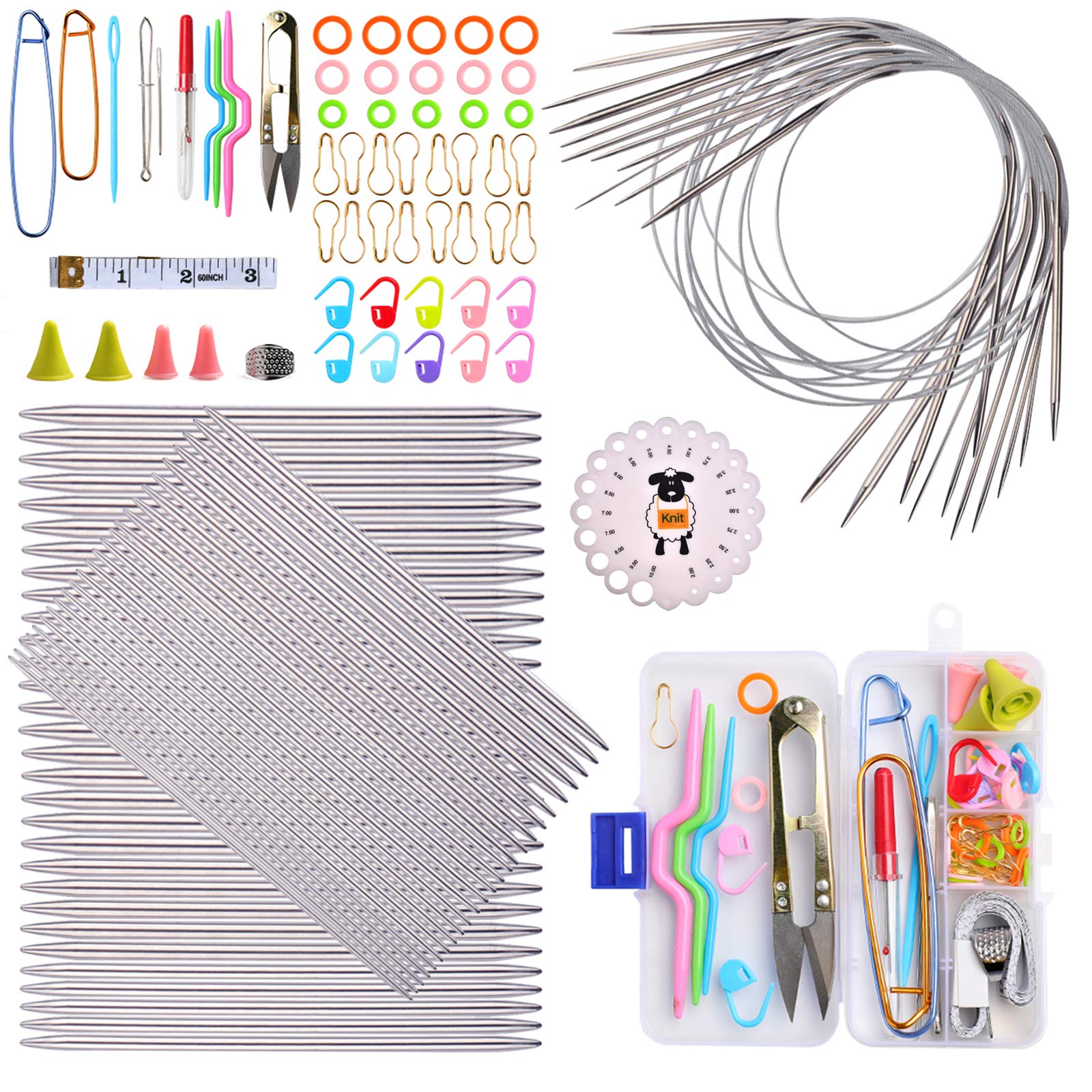 Coopay Knitting Needles Set, DPN Straight Knitting Needle Metal, Includes Stainless Steel Circular Knitting Needles 80cm, 20cm Short Double Pointed Knitting Needles Kit and Knitting Accessories