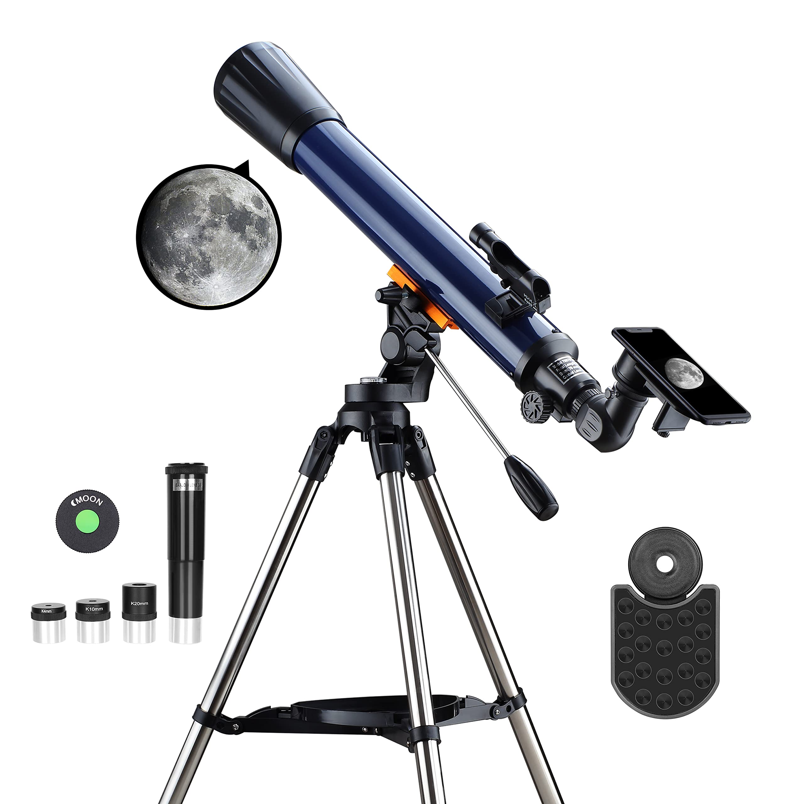 ESSLNB Telescope for Adults 700X70mm with K4/10/20 Eyepieces 525X Telescopes for Beginners Over 18 Years Old Erect-Image Refractor Telescope with Stainless Steel Tripod Phone Mount