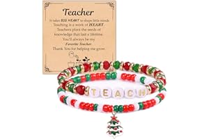 U-ZOMIR Teacher Christmas Gifts Teacher Gifts for Women, Elastic Beaded Stackable Teacher Christmas Bracelet for Women, Christmas Gifts for Teachers Xmas Stretch Bracelet Christmas Jewelry for Women