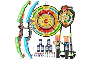 HYES 2 Pack Kids Bow and Arrow with 29" Large Dart Board, LED Light Up Archery Set with 24 Suction Cup Arrows, Indoor Outdoor Sport Toys Gifts for 3 4 5 6 7 8 9 10 11 12 Year Old Boys Girls
