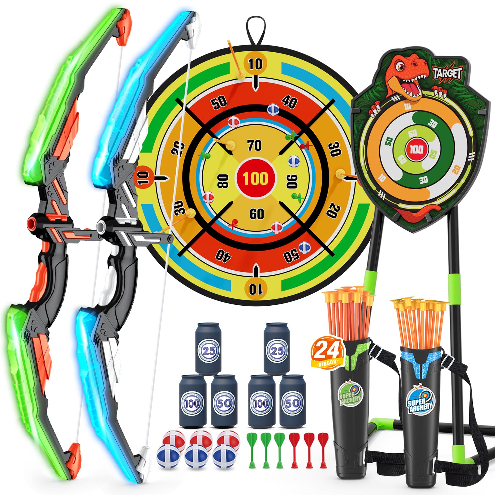 HYES 2 Pack Kids Bow and Arrow with 29" Large Dart Board, LED Light Up Archery Set with 24 Suction Cup Arrows, Indoor Outdoor Sport Toys Gifts for 3 4 5 6 7 8 9 10 11 12 Year Old Boys Girls