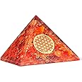FASHIONZAADI Carnelian Meditation Crystal Pyramid Promotes Positive Energy, Good Luck, Chakra Balancing, Reiki Healing Crystals Cleansing Stones Figurine, Flower of Life Symbol
