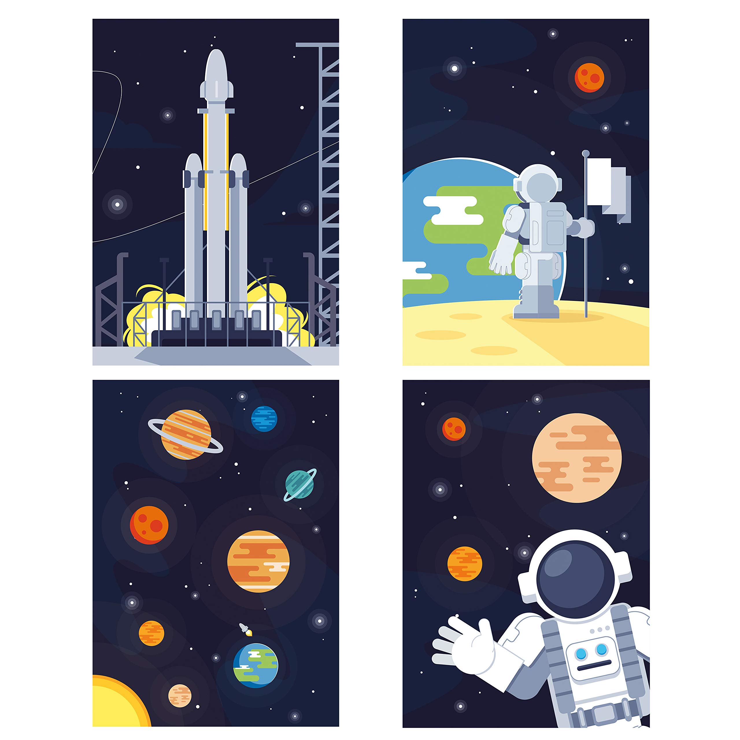 ChicResult Wall Pictures Set of 4 Astronaut Space Decorative Posters for Boys Children's Room Children's Pictures Rocket Planets Space (DIN A4 without Picture Frame)